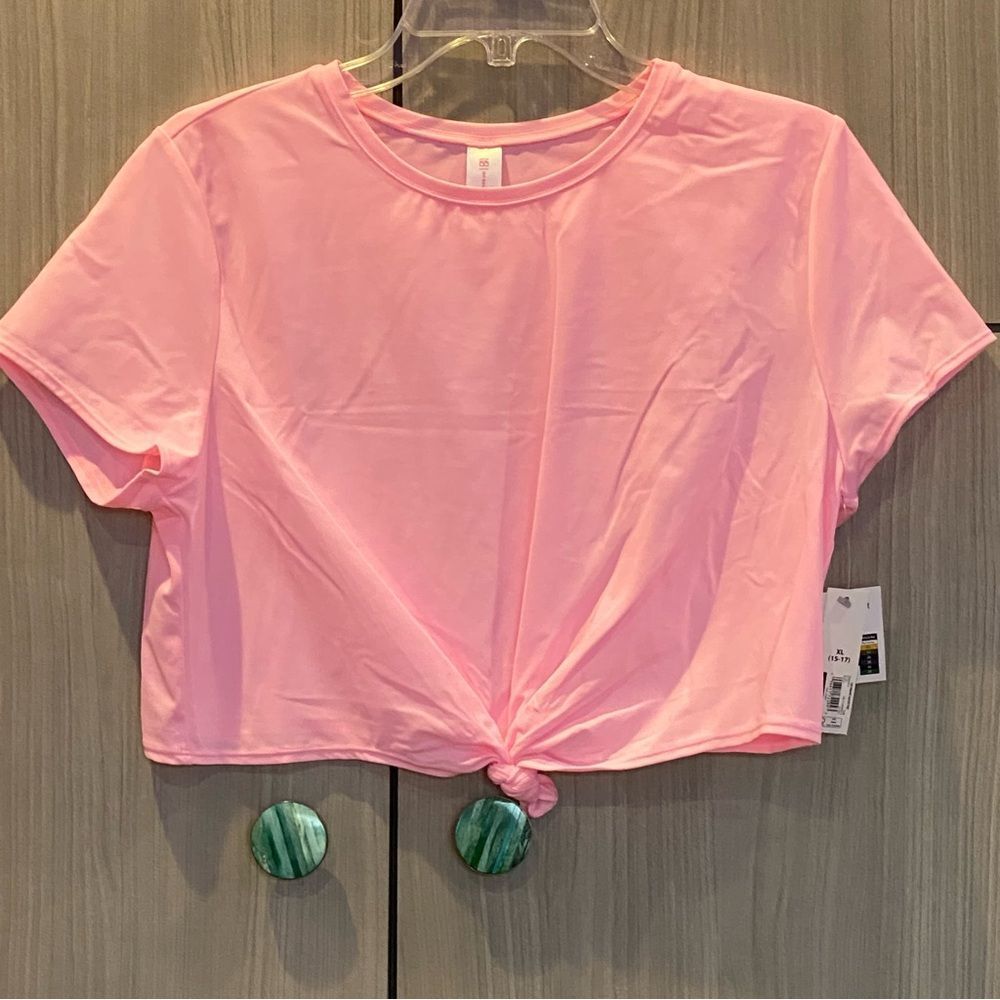 Pink Cropped Tie-Front Top T-shirt L Juniors NWT